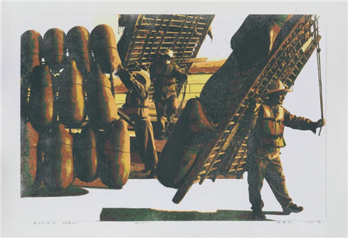 罗贵荣 “黄河筏工”组画之一 65cm×98cm 版画 2020年