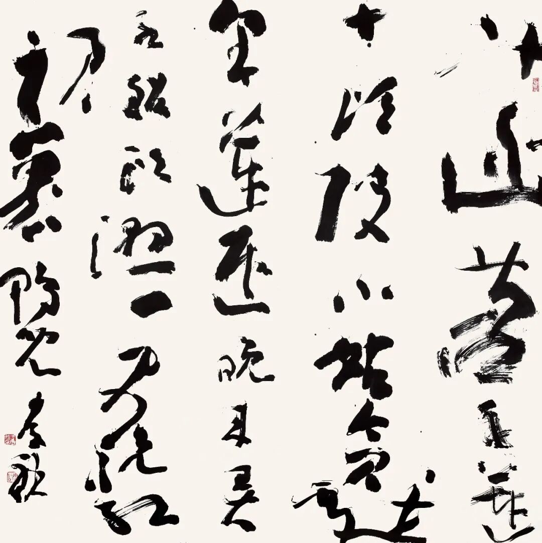 王厚祥 皇甫松《采莲子》 菡萏香连十顷陂,小姑贪戏采莲迟。晚来弄水船头湿,更脱红裙裹鸭儿 118×118cm 2026年