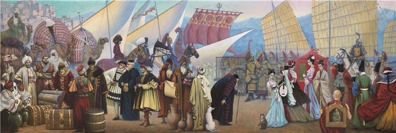 迪尔绍德·阿兹佐夫 （乌兹别克斯坦） 港湾商队 油画 202cm×600cm