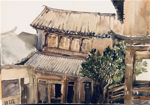 刘立宇 喜洲小院1 纸本水彩 2019