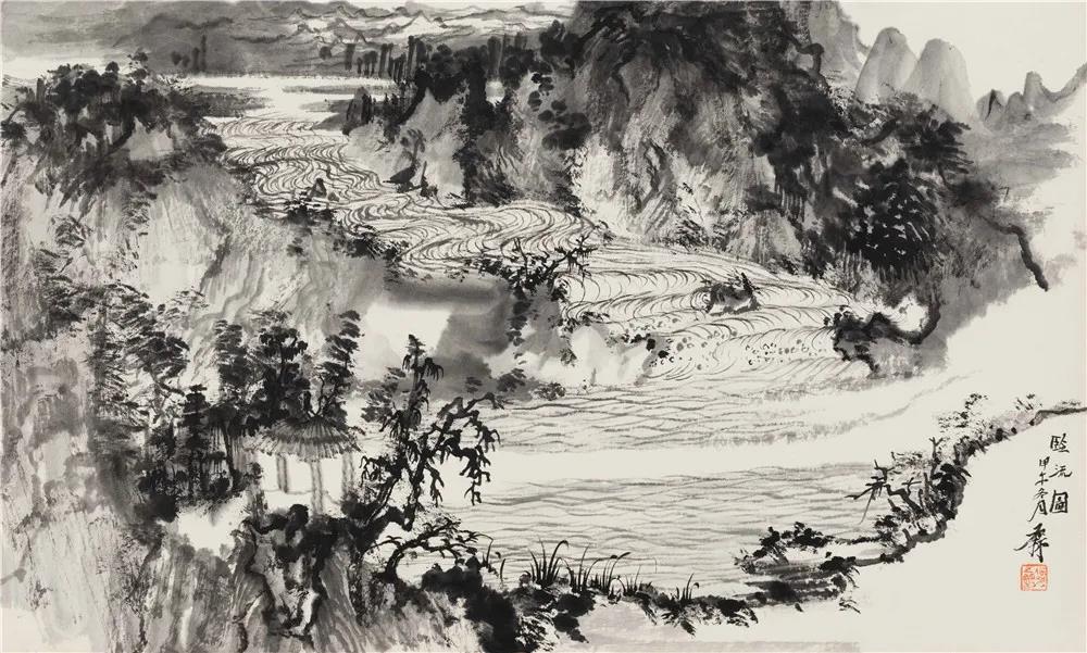 何加林 临流图 38cm×64cm