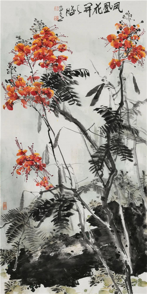 陈鹏 凤凰花开 137cmx68cm 纸本彩墨 2021年