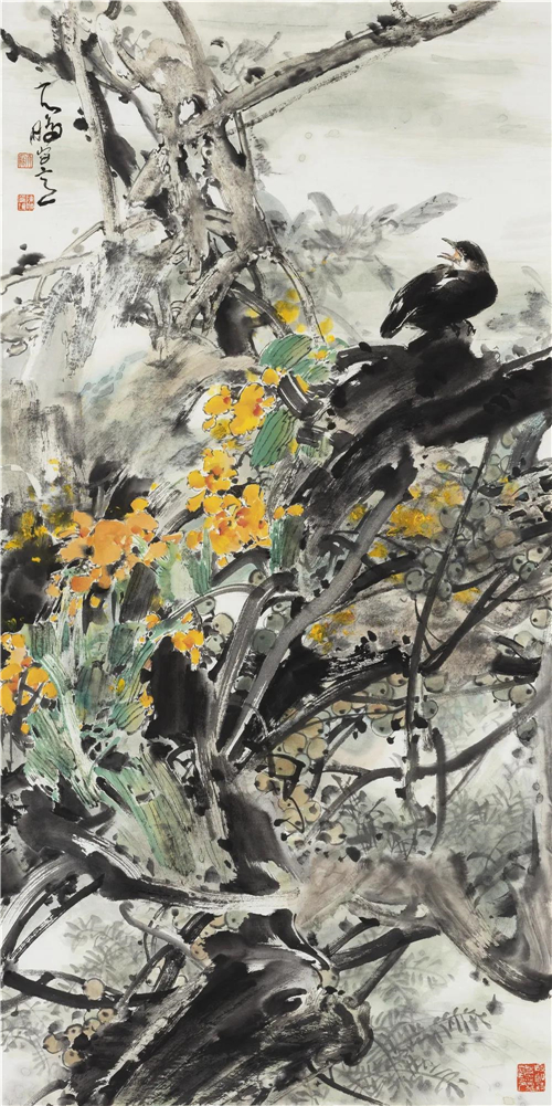 陈鹏 雨林鸣离 137cmx68cm 纸本彩墨 2020年